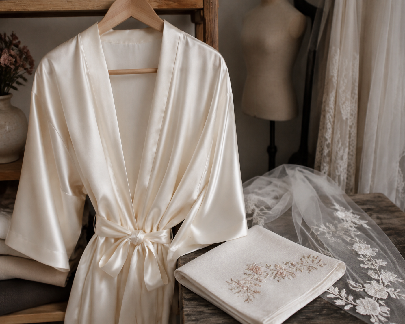 Concept ivory bridal robe with embroidered handkerchief and veil