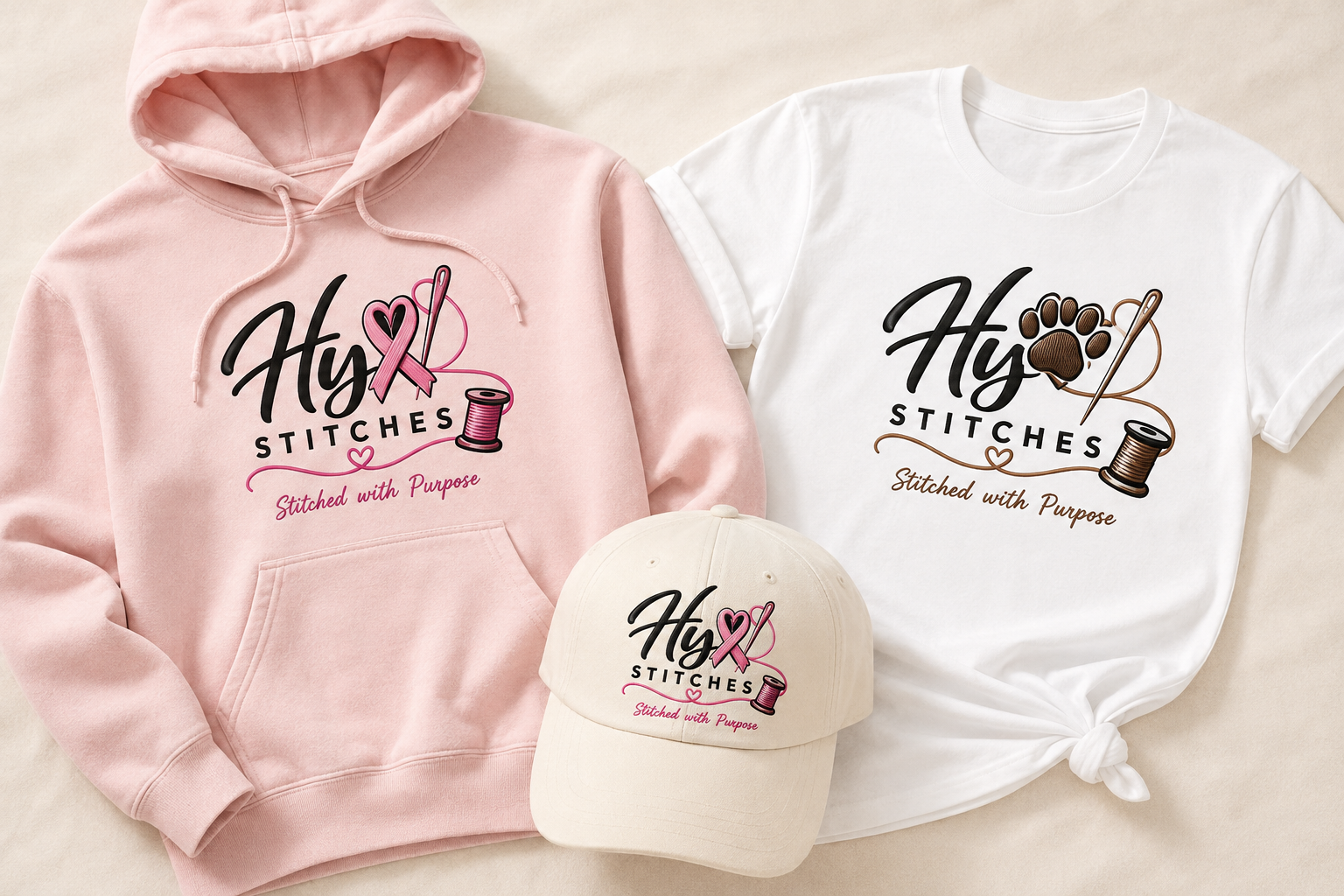 Blush hoodie and cream cap with full Hy Stitches breast cancer awareness logos, and white T-shirt with the full Hy Stitches pet rescue logo; concept mockups