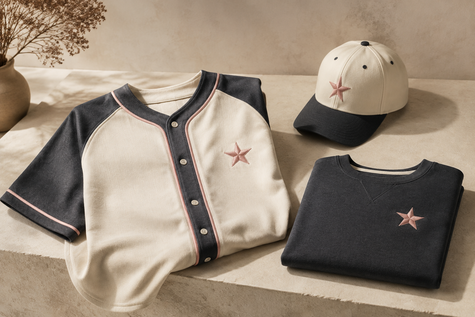 Concept cream and charcoal sports jersey, cap and warmup sweatshirt